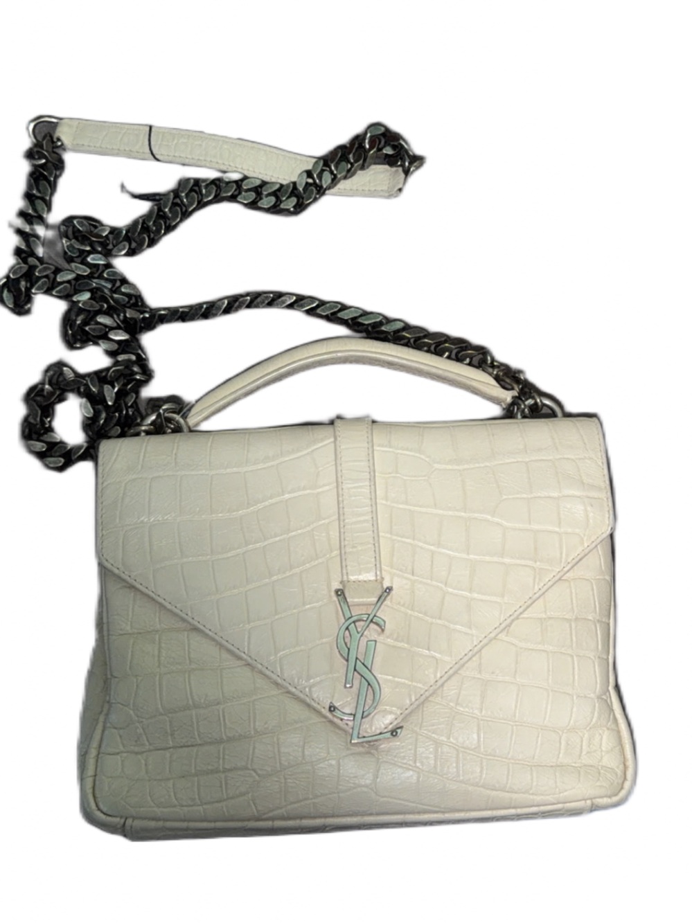 Saint Laurent White Croc-Embossed Top Handle Satchel with Chain Strap